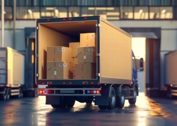 loaded-delivery-truck-at-a-warehouse-dock-with-cardboard-boxes-back-of-a-truck-full-of-packages-ready-for-shipment-logistics-transportation-cargo-delivery-concept-photo